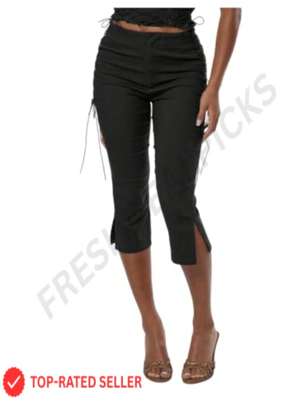 Capri Leggings High Waisted Lace Up Slit Hem Dressy Y2K Pants